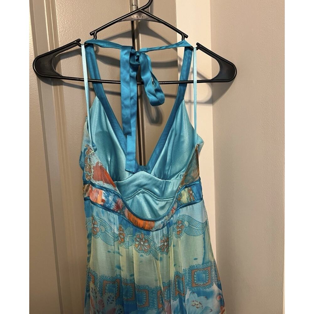 Sue Wong Blue Beaded Watercolor Floral Silk Blend Halter Maxi Dress Size 4 - Picture 6 of 9